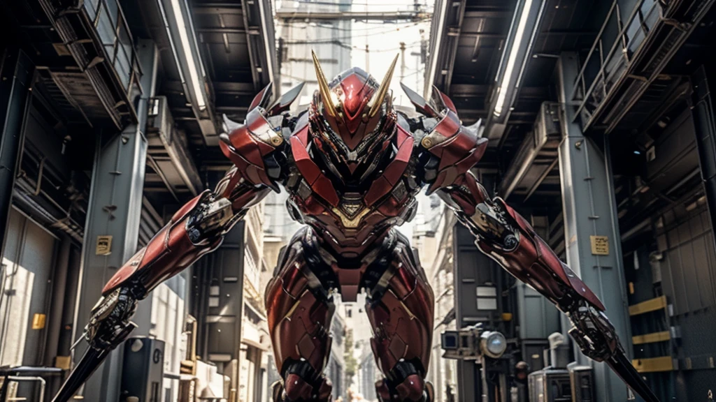 A man wearing a full face helmet., a fantasy-style biotech armored combat suit, green eyes, (a composite layered chest armor), fully closed shoulder pads, matching arm and leg protectors, the belt is adorned with fangs that bite into the gem., (The color scheme is mainly black with red details), design balances heavy with agility, a high-tech biomechanical armor, (Lion inspired armor concept, stand on top of a skyscraper in a futuristic sci-fi city), This character embodies a surreal fantasy style armored hero finely crafted in anime style, exquisite and mature manga art style, (element, plasma, energy, the armor shines), ((male:1.5)), metallic, real texture material, dramatic, High Definition, Best Quality, high resolution, ultra detailed, ultrafine paint, extremely delicate, professional, perfect body proportions, golden ratio, anatomically correct, symmetrical face, extremely detailed eyes and face, high quality eyes, Creativity, photo and gross, UHD, 32k, natural light, cinematic lighting, Masterpiece-anatomy-perfect, Masterpiece:1.5