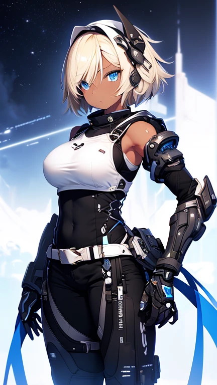 ((Highest quality))，masterpiece，Ultra-high resolution，One Woman，A dark-skinned woman in her 20s，Anime Women，Short blonde hair，Asymmetrical Shorts，blue eyes，Rin々Nice face，A listless look，Lazy face，White sleeveless shirt，Black tight pants style，Elbow-length battle mecha gloveetallic high-tech battle boots，