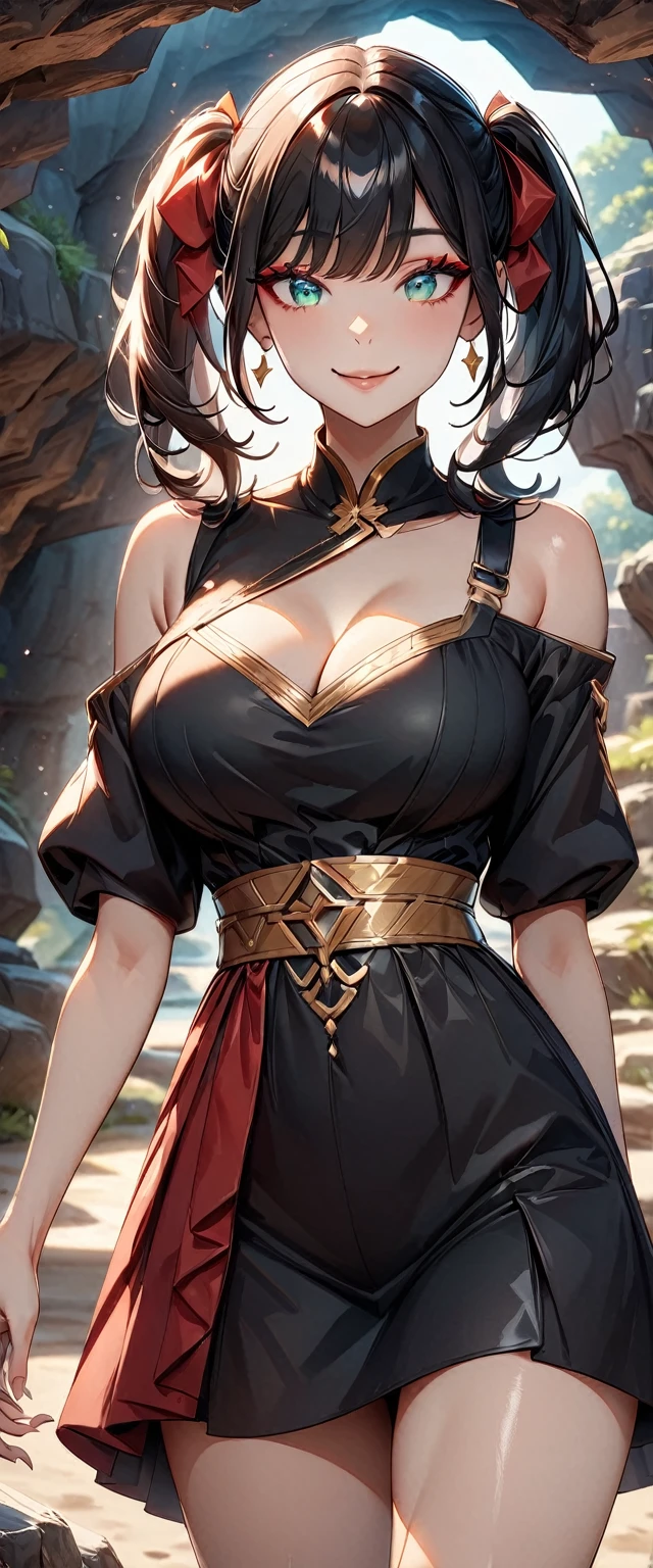 Photo of a woman with natural skin, Seaside cave, The light is shining in, Upper Body, Smiling, High Twintails, Black hair with red mesh, Sharp eyes with red eyeshadow, Blue-green eyes, Shining eyes, A thin, upturned nose, Well-shaped lips, Big Breasts, ((Black off-the-shoulder dress, Thin shoulder straps)), barefoot, Makeup, Exquisitely crafted with the utmost attention to detail, Vibrant, amazing, Smooth, Cinematic, 4K, Backlight, (()), Shallow depth of field, ((Detailed eyes:1.3, Detailed lips:1.3, high quality, )), masterpiece, Super detailed images, High quality