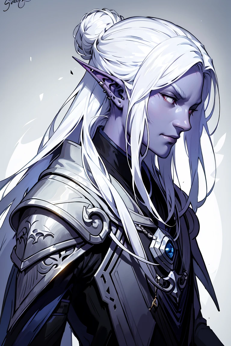 drow,white hair with purple low-ombre dye, male, pointy ears, solo, Calm slightly smile, elf, long hair, colored skin, white hair, blue grey skin, jewelry, earrings, bun hair, long hair, adventuring clothes, profile, upper body, from side, signature, piercing, artist name, ear piercing, nose, lipasterpiece, best quality)), art by greg rutkowski