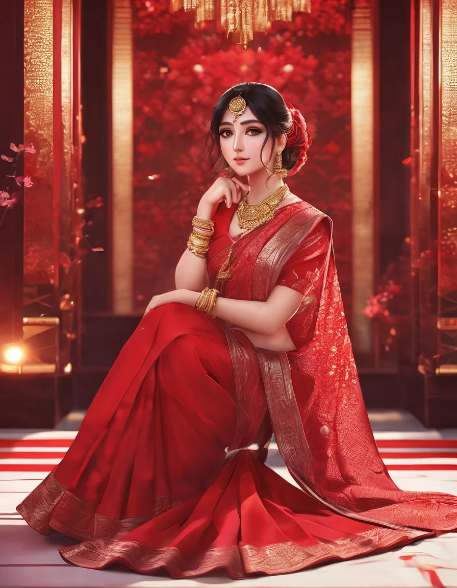 a cute anime girl mitsuri in a red sari, glamour pose, red and cinematic lighting, stunning elegant pose, wearing red, sensuous, gold and red, wearing a red outfit, all red, glamorous pose, photorealistic, ultra high quality, ultra-detailed face, fujifilm, kodak, nikon, canon, 8k, hyper realistic