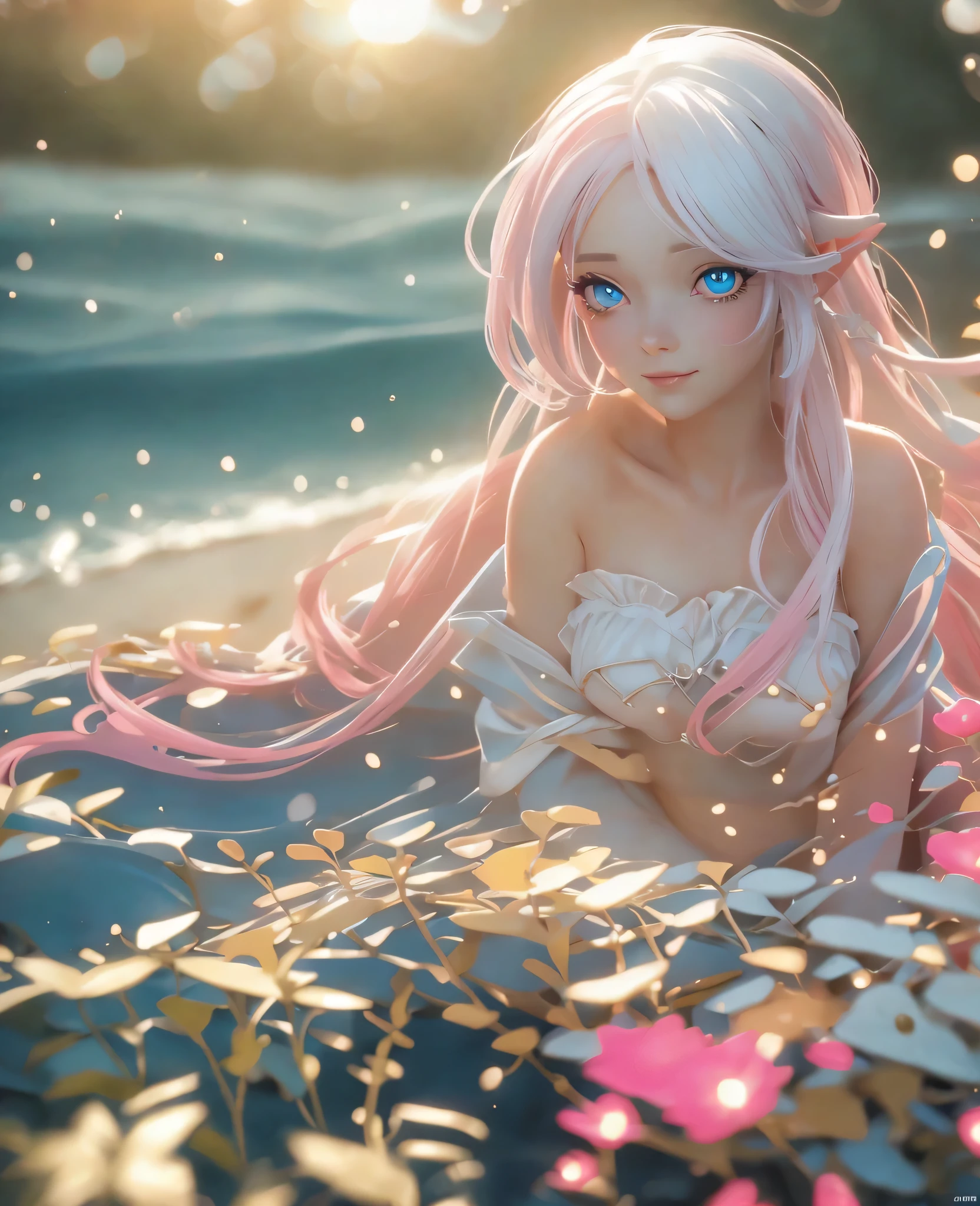 nymph , face perfect, cold shades , pink coloration +330 , white  hair , blue colored eyes, sea wave, 8K, 4HD, ((super quality)), ((High definition))