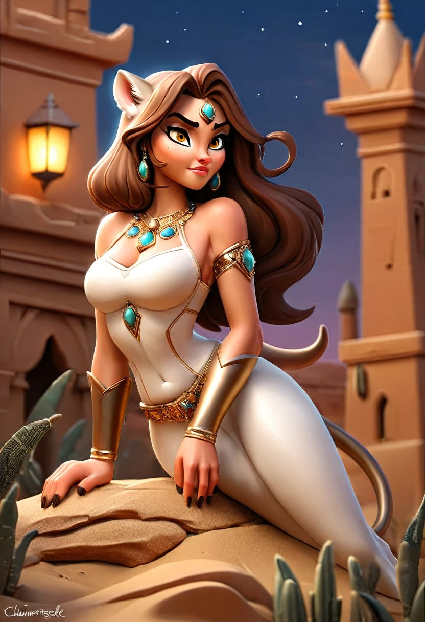 Arafed digital painting of a desert princess BREAK and her pet cougar in her palace high details, best quality, 16k, f a female human princess and her pet cougar, princess of the desert, full body, ((anatomically correct: 1.5)) ((standing: 1.5)) proudly royalty demeanor, a woman, (best detailed face: 1.5), Ultra Detailed face, wearing royal desert dress, decorated with gems, wearing princess tiara, small cleavage, thigh high intricate leather high heeled boot, thick hair, long hair, brown hair, tan skin intense brown eyes, her epic desert (cougar : 1.3) lying at her feet, guarding her, an epic fantasy desert palace in an oasis in the background (intricate details, Masterpiece, best quality: 1.5) night, moon light, stars ,Wide-Angle, award winning, best quality, high quality, high details, highres, vibrant, Ultra-high resolution, High Contrast, (masterpiece:1.5), highest quality, Best aesthetics, best details, best quality, highres, ultra wide angle, 16k, [ultra detailed], masterpiece, best quality, chumbasket art style, Cinematic Hollywood Film, digital painting