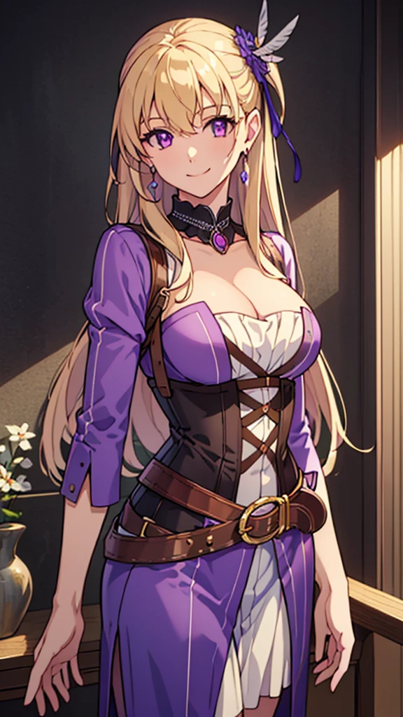 (masterpiece, best quality:1.2), solo, 1girl, smile, looking at viewer, hand on hip, purple shirt, strapless dress, corset, earrings, belt, cleavage