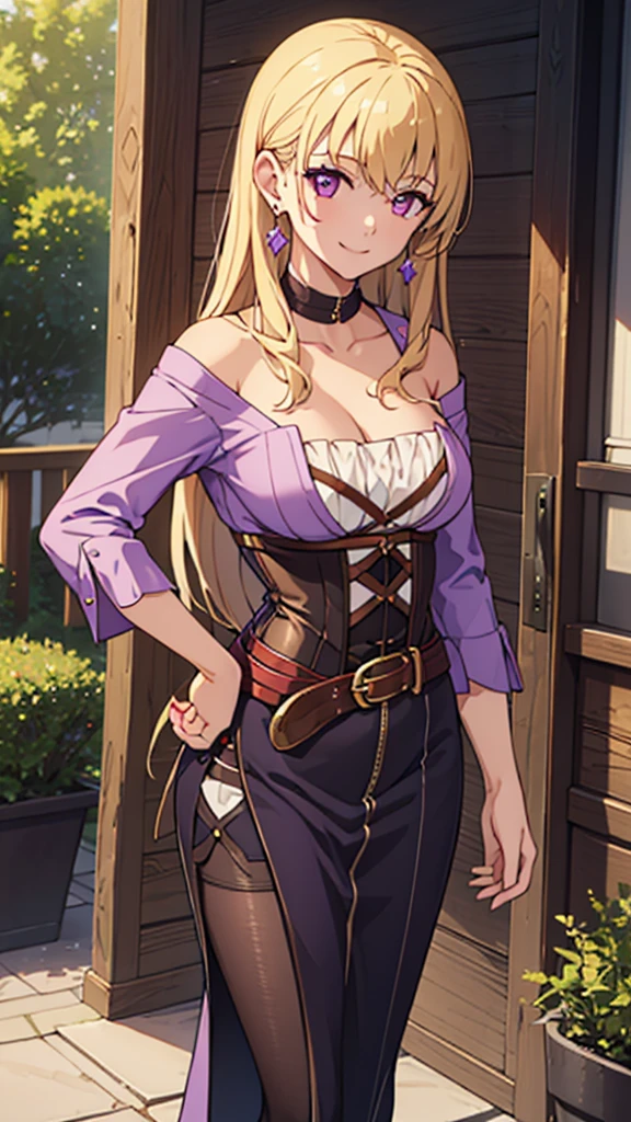 (masterpiece, best quality:1.2), solo, 1girl, smile, looking at viewer, hand on hip, purple shirt, strapless dress, corset, earrings, belt, cleavage
