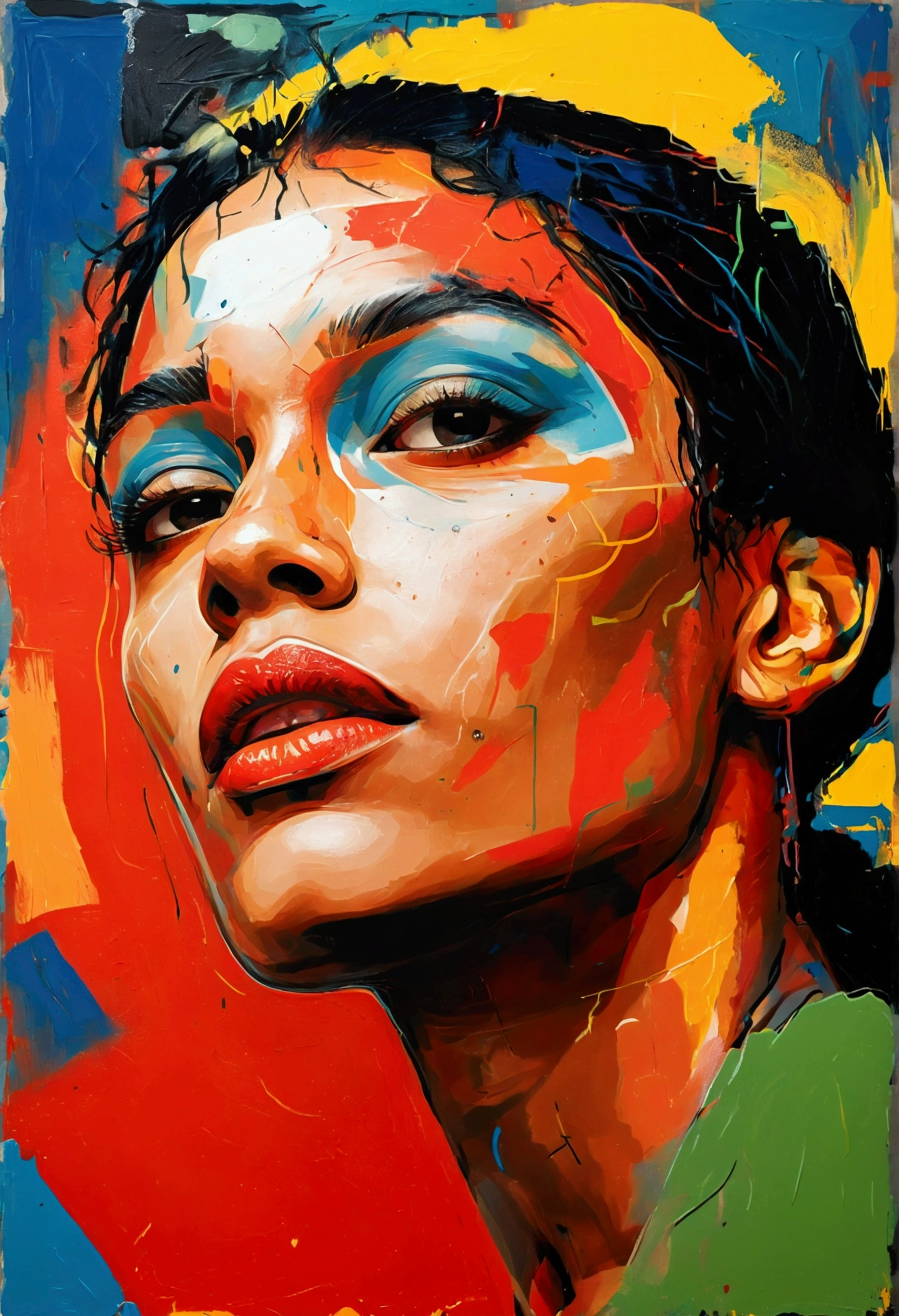 An illustration of a sexy naked woman in the style of Jean-Michel Basquiat, with colorful lines, line art, and flat design using vector graphics on a white background. The portrait is colorful and bold with hyper-realistic details and a symmetrical composition. It uses bold outlines and clean lines with a red, blue, green and orange palette. The detailed facial features appear to be done by hand drawing