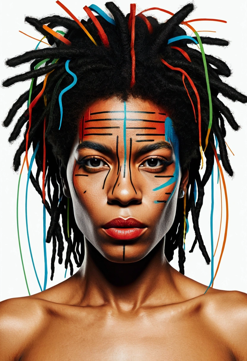 An illustration of a sexy naked woman in the style of Jean-Michel Basquiat, with colorful lines, line art, and flat design using vector graphics on a white background. The portrait is colorful and bold with hyper-realistic details and a symmetrical composition. It uses bold outlines and clean lines with a red, blue, green and orange palette. The detailed facial features appear to be done by hand drawing