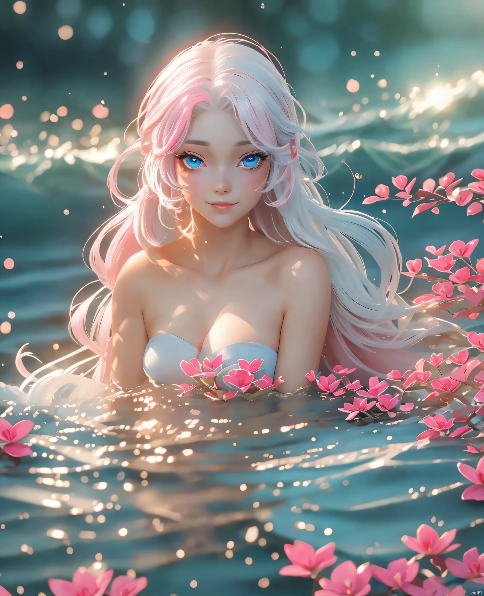 nymph , face perfect, cold shades , pink coloration +330 , white  hair , blue colored eyes, sea wave, 8K, 4HD, ((super quality)), ((High definition))