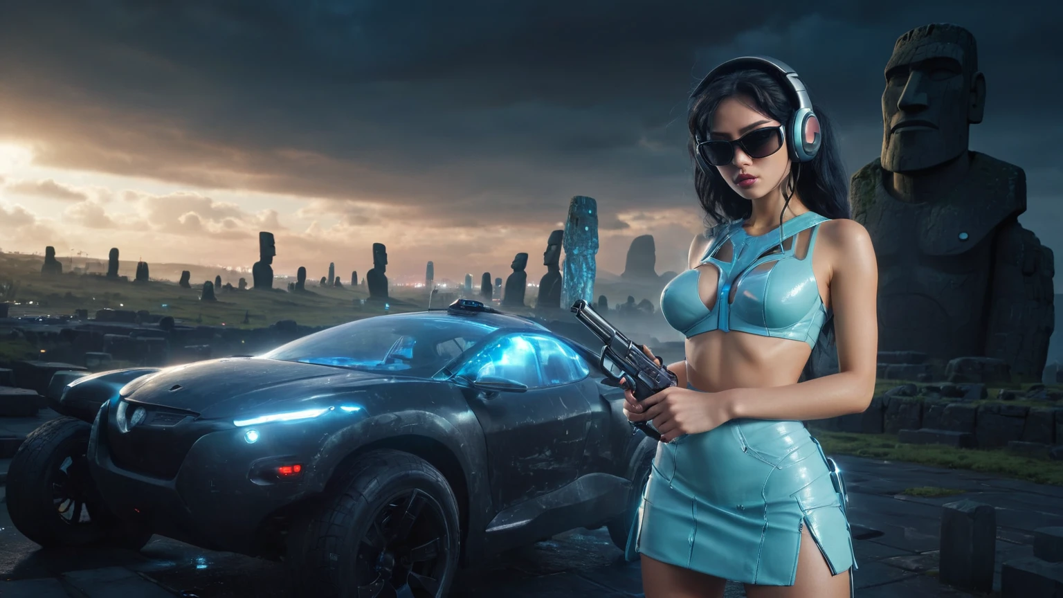 At night, dark sky, distant shot aerial view of fantasy cyberpunk style ice ((Moai-statue)) city, ((flying car)). ((1girl, solo, alone)), medium-breast:1.1 slim body, cleavage, sexy clothes, (headphone, black sunglasses, long black realistic hair), (((hip-up standing and holding pistol))), (((((half-body thigh level medium shot))))), cinematic lighting, lens flare, ray tracing.