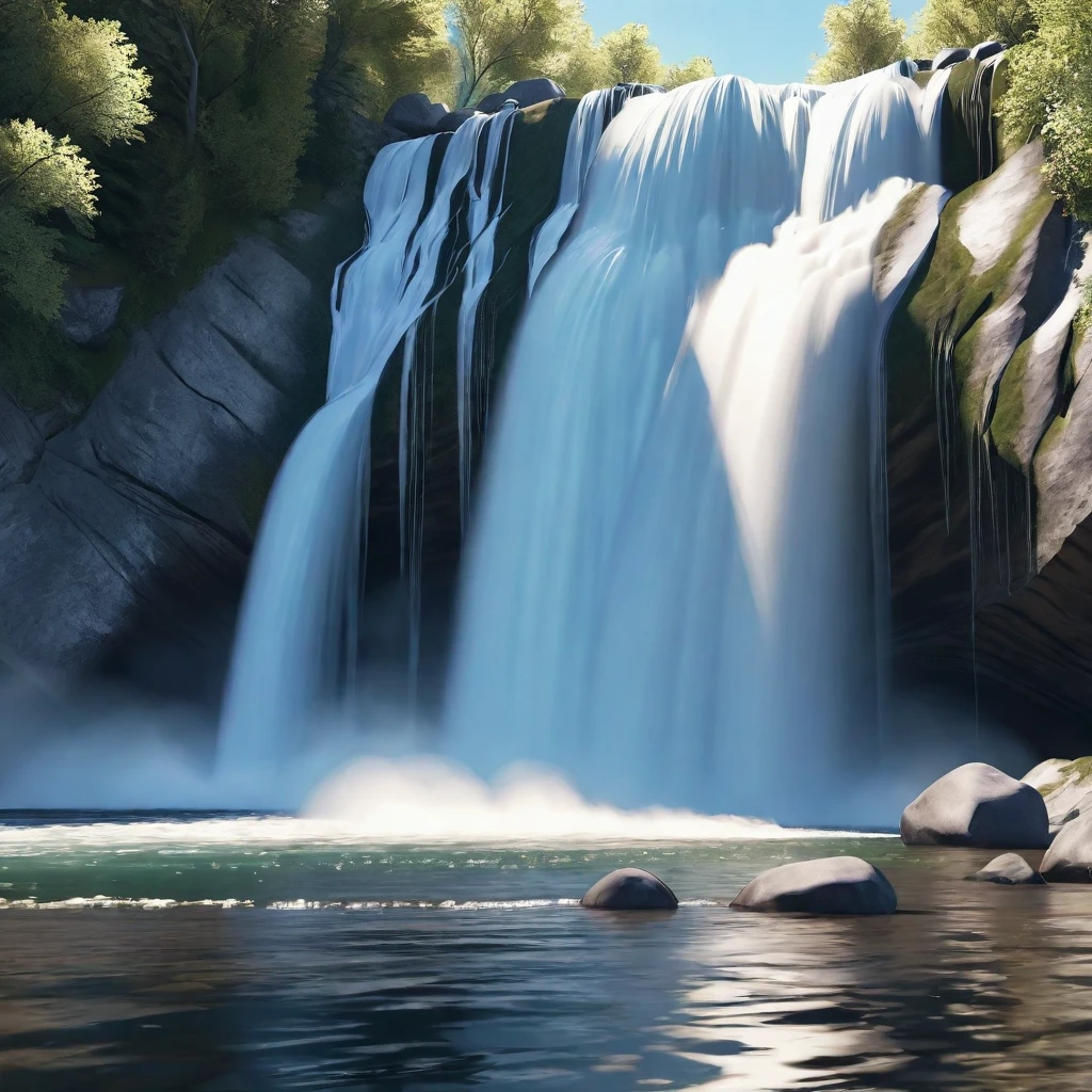 A turbulent waterfall in a tranquil and beautiful landscape, Ray Tracing, detaileded reflections, complexity, high detailed, Drama, Top quality masterpiece, photorealistic realism, detailed, 8K, High resolution, Backlight, Hello, flash, chromatic aberration, Sharp focus