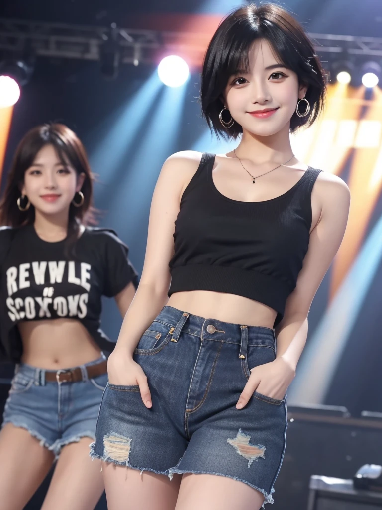 Highest quality, High resolution, girl, alone, Black Hair, Brown Eye, short hair, Cute Smile，Earrings, Denim mini skirt, Tank top shirt,  Small breasts, Cowboy Shot, She is wearing black short boots，Being in the spotlight on stage