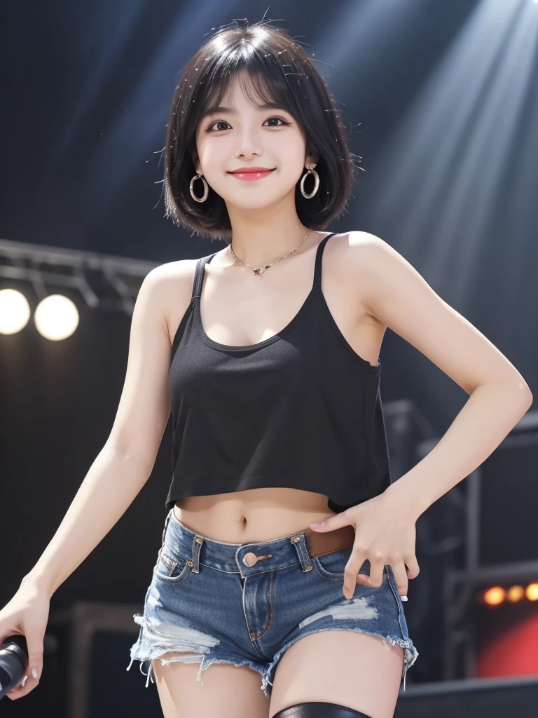 Highest quality, High resolution, girl, alone, Black Hair, Brown Eye, short hair, Cute Smile,Earrings, Denim mini skirt, Tank top shirt, Small breasts, Cowboy Shot, She is wearing black short boots,Being in the spotlight on stage