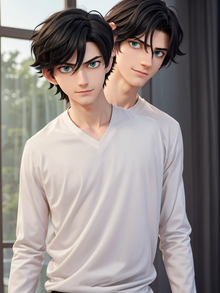 (best quality), 1boy, pale skin, black hair, medium hair, curtain hair, tousled hair, green eyes, perfect eyes, dark circles under eyes, tall, slender, handsome, strong jawline, lazy, light smile, attractive, basic black long sleeve v neck shirt, Tomura Shigaraki, masterpiece, anatomically correct, highres