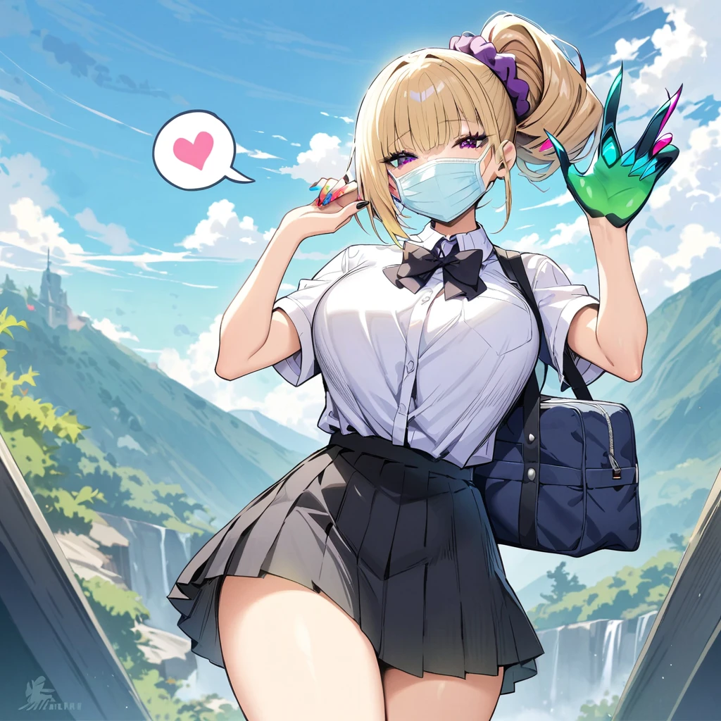 (masterpiece, Highest quality:1.2), ＪＫ,Huge ,One girl,Aqua Nail,bag,Black bow tie,Black nails,Blonde,Blue Claws,chest,Slope,Slope background,Green Claws,hair Scrunchie,heart,mask,mouth mask,Multicolored nails,Manicure,Pink Nails,Purple Nails,school bag,,Scrunchie,skirt,alone,spoken heart,surgical mask