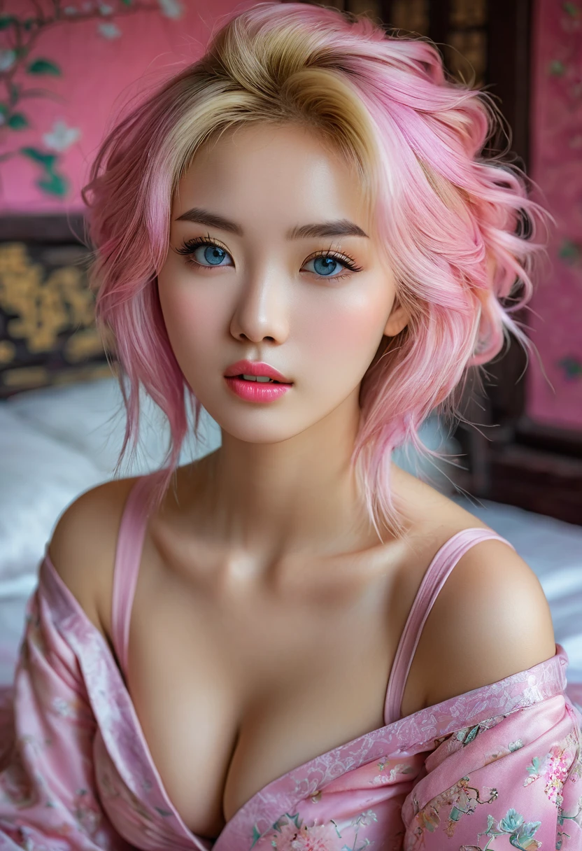 yellow hair, Fashion model 20 years old [[[[closeup cleavage]]]], [[[[boobgasm]]]], [[[[coll]]]], [[[[bshoulders]]]], perfect eyes, Perfect iris，Perfect lips，perfect teeth，Perfect skin，with fair skin，Soft front light，hdr，Movie girl，Pink casual，sitting on his knees on the bed，spreads her legs apart，The background is an ancient Chinese interior，4K Ultra HD, Ultra-high resolution, (Photorealistic: 1.4), Best quality，Masterpiece，（pastel colour：1.2)
