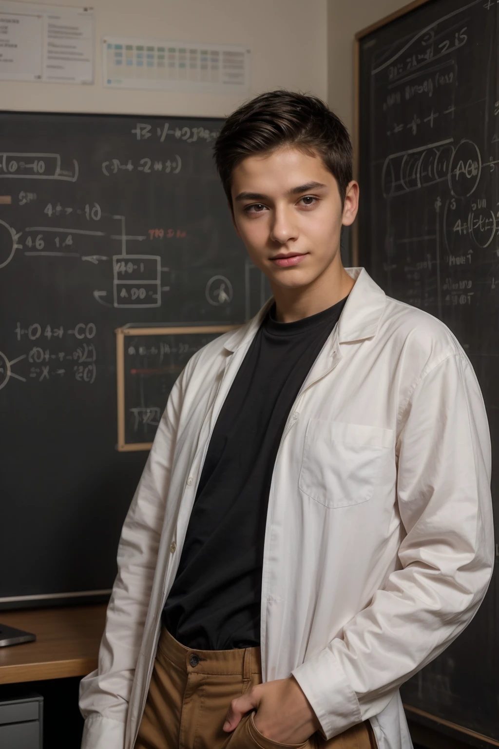 A beautiful young male twinks with black hair, wearing a long-sleeved white cotton shirt and brown pants. He is in his scientific office, and behind him is a blackboard with calculus written on it. He looks on proudly, with a face with reddish makeup.