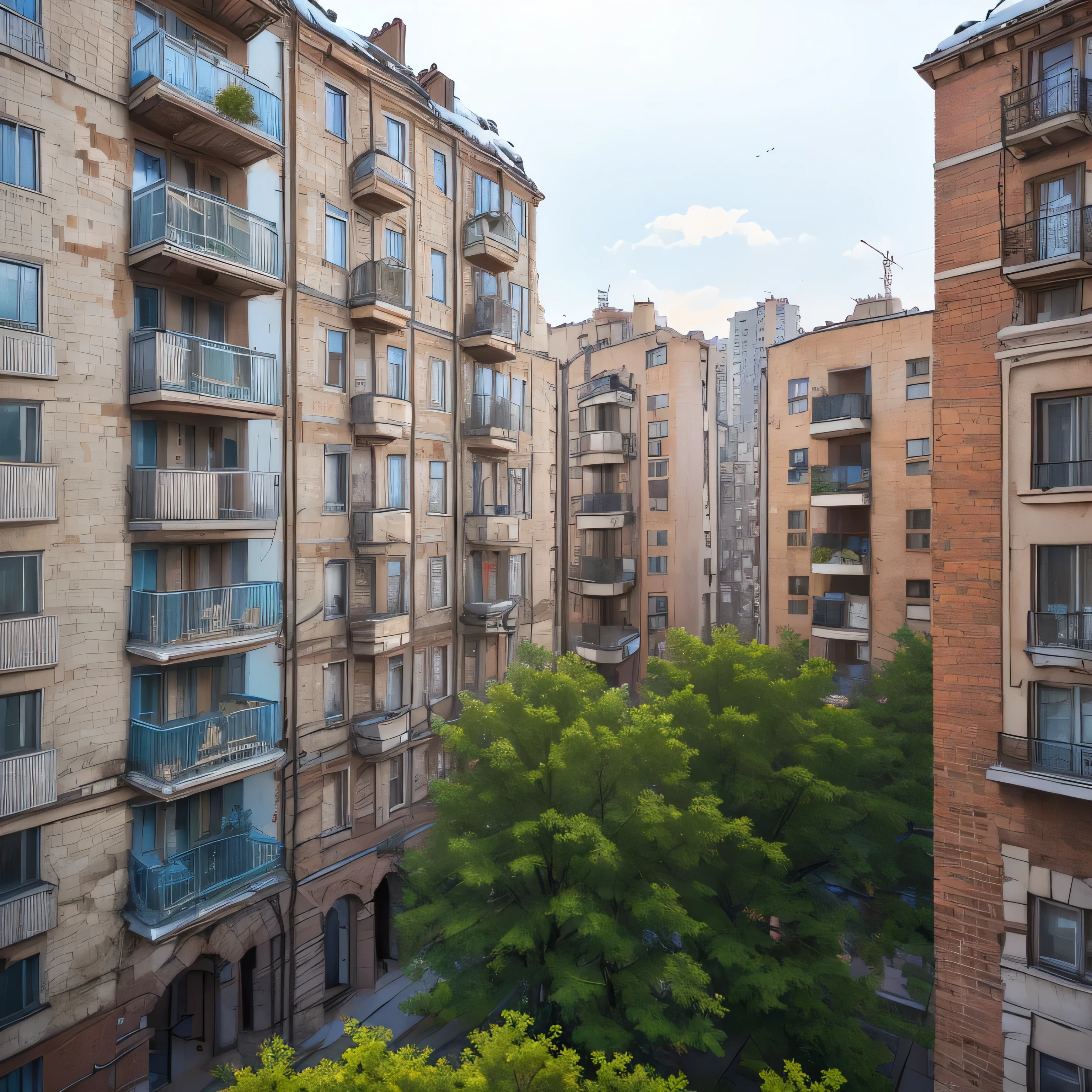 there are many windows on the building and balconies on the side, full building, soviet apartment buildings, empty buildings with vegetation, flat, old apartment, soviet apartment building, balconies, the neat and dense buildings, 3 4 5 3 1, crenellated balconies, buildings, street top view, view from window on megapolis
