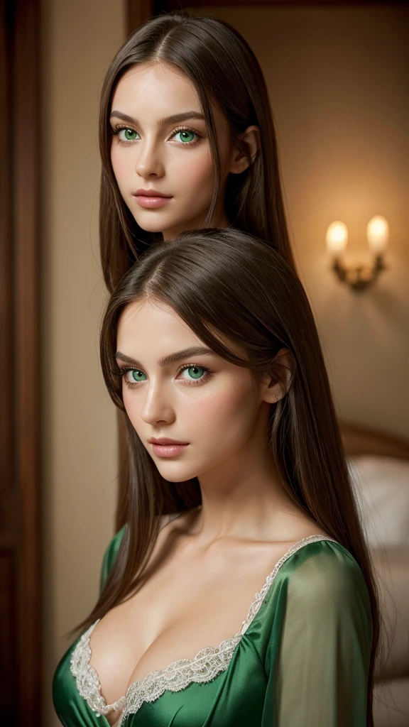 Portrait of a European woman with a meticulous, attractive, and gentle face. She has an oval face with seductive green eyes that are slightly widened, adding to her allure. Her eyes carry a slightly sad yet gentle expression. Her long straight hair frames her face in a frontal view. Her complexion is subtle and pale, complementing her symmetrical features. She has striking green eyes and her hair is dyed green. She exudes a serene charm, dressed in a seductive silk nightgown