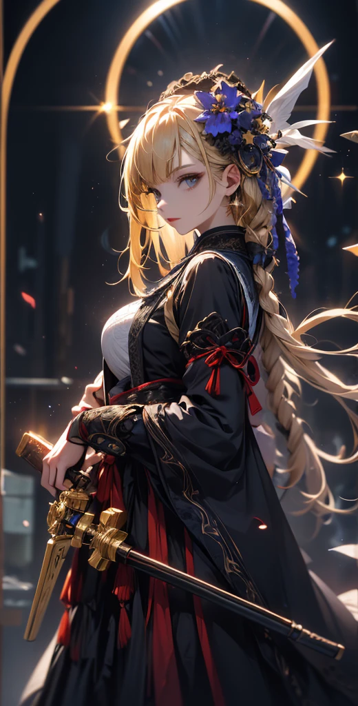 masterpiece, high quality, 4K, Beautiful design, silhouette，blonde， 非常に詳細な夜のStarry Sky,Flower Field， wonderful, Finer details,  Very knowledgeable woman, Highly detailed solo, 1 female,Big Breasts，Red Gothic Lolita Fashion，２Hold the gun in front of your chest.，Night view，Starry Sky，full moon，