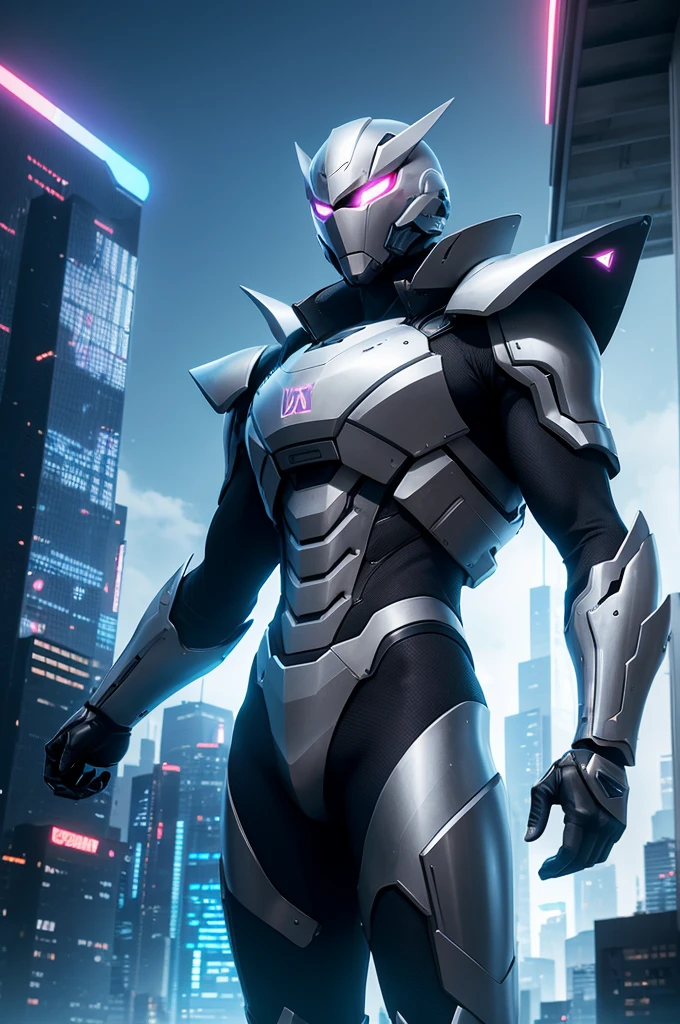 Create a 'Defense Mode' for an anime game. The theme of the 'Defense Mode' should be futuristic. Include high-tech shields, advanced weaponry, and sleek, modern armor for the characters. The background should feature a futuristic cityscape with neon lights and towering skyscrapers
