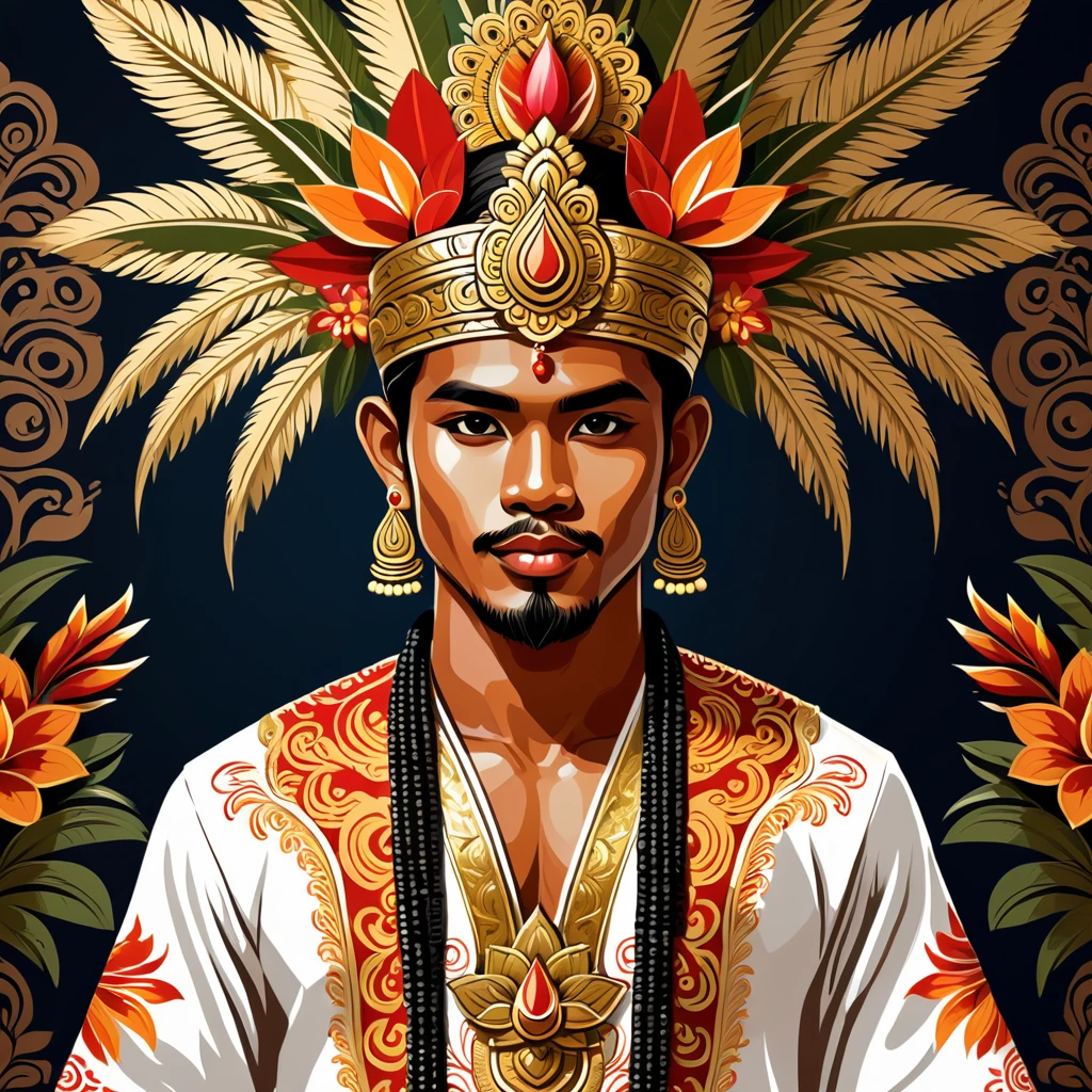 man in balinese folk outfit, vector graphics, strong contours