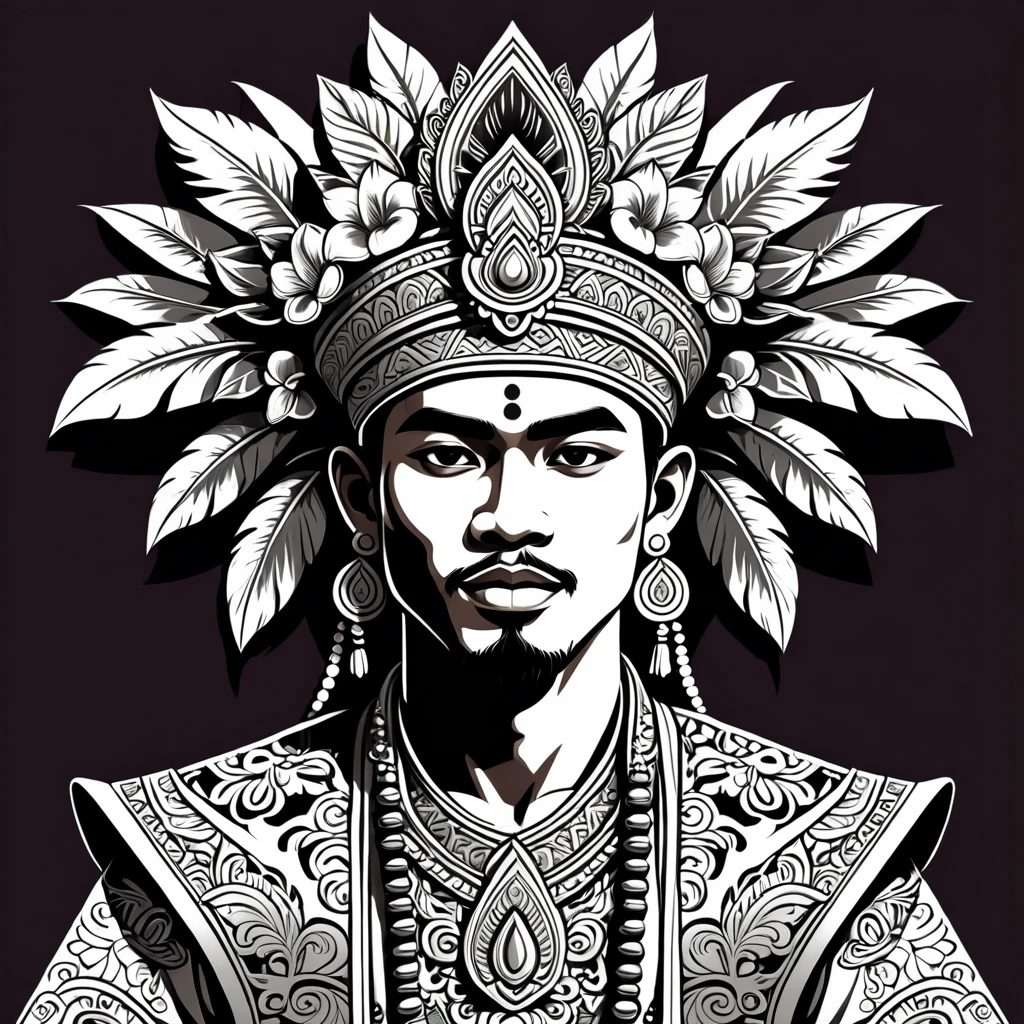 man in balinese folk outfit, vector graphics, strong contours
