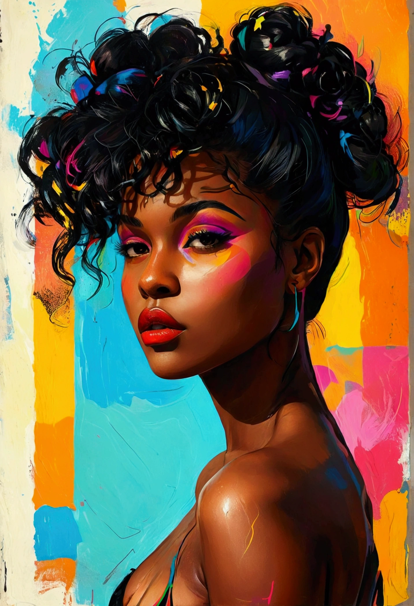 Illustration of confident young black woman, bravery pose, heroine, soft and abstract background --auto --s2