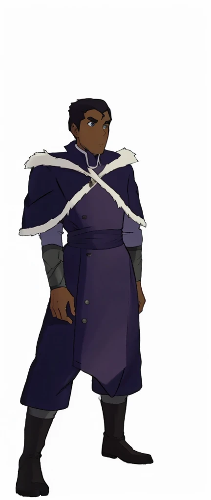 African-American, Bolin, water tribe traditional clothing mixed of blue and purple, with fur in shoulders and neck. Long sleeve, skinny, water tribe outfit. A dark blue or black high-collared sleeveless robe or tunic
A purple tabard or overtunic with lighter purple trim
A white fur-trimmed cape or cloak over the shoulders, fastened with a metal clasp
Black pants or leggings
Black boots that come up to just below the knee
A dark wristband or bracelet on one wrist
The character has dark skin, short black hair, and a serious expression. The outfit appears to be a mix of formal and practical styles, possibly indicating a character of some authority or importance in an animated series or film. The color scheme is primarily dark blues, purples, and black, with the white fur trim providing contrast.