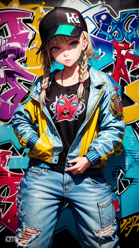 Girl, Full color drawing of hip-hop, hip-hop, hip-hop, hip-hop, baggy jeans, rapping (((graffiti art) (by Karen Griffith))), in a sea background, crazy details, intricate details, hyper details , Low Contrast, Cinematic Soft Light, Exposure Blend, HDR, Front