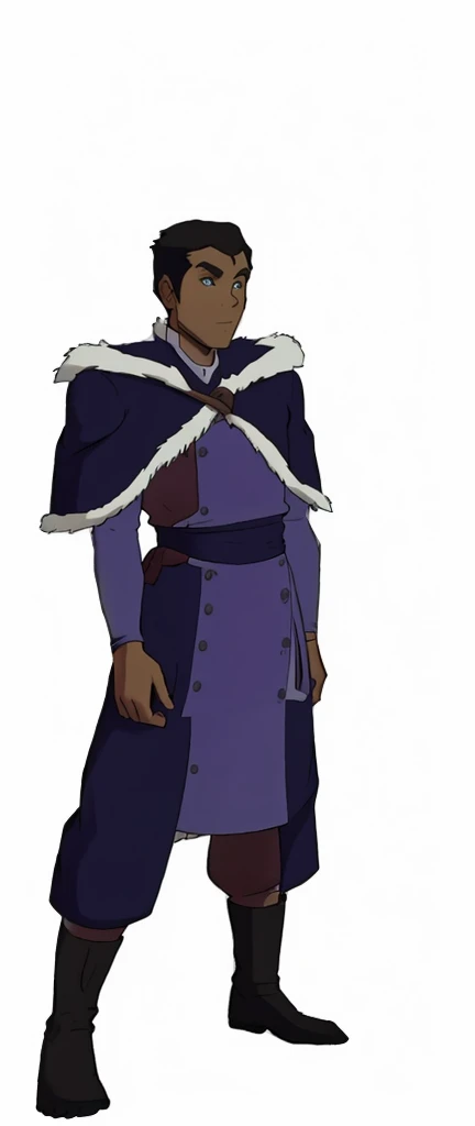 African-American, Bolin, water tribe traditional clothing mixed of blue and purple, with fur in shoulders and neck. Long sleeve, skinny, water tribe outfit. A dark blue or black high-collared sleeveless robe or tunic
A purple tabard or overtunic with lighter purple trim
A white fur-trimmed cape or cloak over the shoulders, fastened with a metal clasp
Black pants or leggings
Black boots that come up to just below the knee
A dark wristband or bracelet on one wrist
The character has dark skin, short black hair, and a serious expression. The outfit appears to be a mix of formal and practical styles, possibly indicating a character of some authority or importance in an animated series or film. The color scheme is primarily dark blues, purples, and black, with the white fur trim providing contrast.
