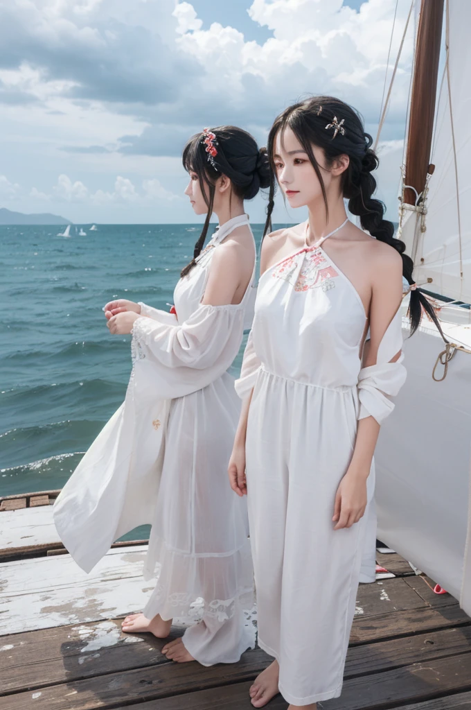 best quality,[masterpiece],((beautiful:0.75) cute girl:0.75),Professional,photo_(medium),ultra-fine painting,1girl,long hair,braid,black hair,outdoors,(front:1.3),(standing:1.3),seaside,cloudy sky,sailboat,cowboy_shot,
Special clothes43,hair bun,china dress,hair ornament,