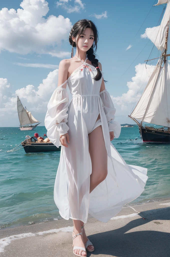 best quality,[masterpiece],((beautiful:0.75) cute girl:0.75),Professional,photo_(medium),ultra-fine painting,1girl,long hair,braid,black hair,outdoors,(front:1.3),(standing:1.3),seaside,cloudy sky,sailboat,cowboy_shot,
Special clothes43,hair bun,china dress,hair ornament,
