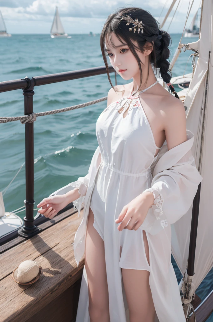 best quality,[masterpiece],((beautiful:0.75) cute girl:0.75),Professional,photo_(medium),ultra-fine painting,1girl,long hair,braid,black hair,outdoors,(front:1.3),(standing:1.3),seaside,cloudy sky,sailboat,cowboy_shot,
Special clothes43,hair bun,china dress,hair ornament,