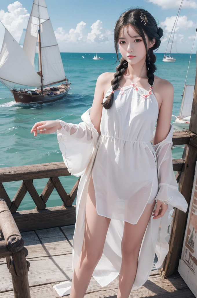 best quality,[masterpiece],((beautiful:0.75) cute girl:0.75),Professional,photo_(medium),ultra-fine painting,1girl,long hair,braid,black hair,outdoors,(front:1.3),(standing:1.3),seaside,cloudy sky,sailboat,cowboy_shot,
Special clothes43,hair bun,china dress,hair ornament,