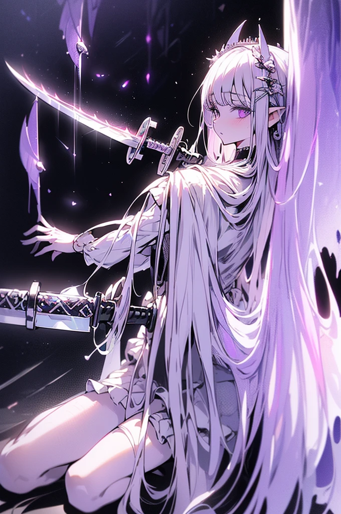 white gothic ta angel of punishment, long white hair, purple eyes, 4 wings, (((((holding a sword))))), mature, slim, tall, (best quality,4K,8K,mackerel,masterpiece:1.2),very detailed,(realistic,photorealistic,photo-realistic:1.37),intricate details,Contrast lighting,cinematic lighting,dramatic shadows,surreal,mysterious,ethereal