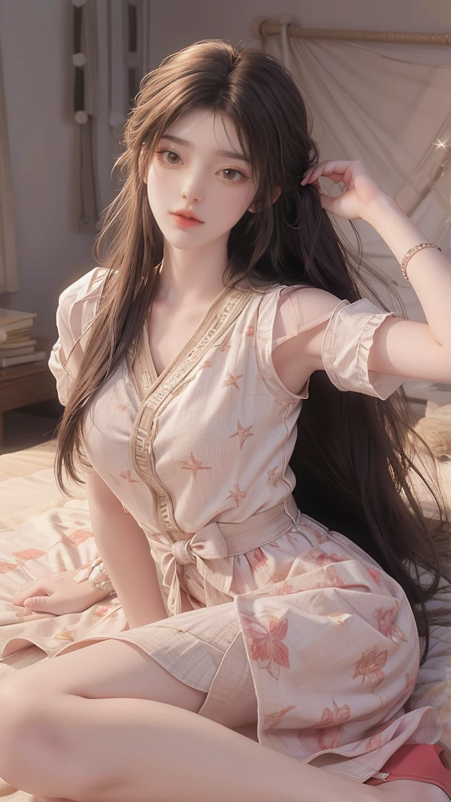 1girl, cheerful girl, carefree and happy, smiling, laughing, The girl is wearing a beautiful dress, the girl's eyes are bright and sparkling, very beautiful, cute and sweet , the girl in bedroom