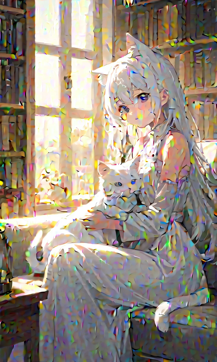 (masterpiece),(highest quality),highres,(an extremely delicate and beautiful),(extremely detailed),
a young girl with white hair and wearing a white dress sits on a couch, embracing a white cat, She has cat ears and a tail, showing her to be a feline creature like human, with a window letting in natural light and a bookshelf full of various books, Nearby, one can see a cup placed on a table,
depth of field, blurry foreground, blurry background