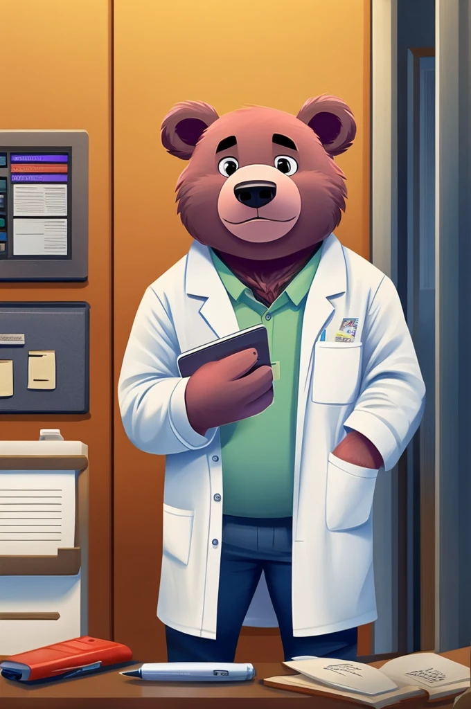 cartoon of a pink bear in a white lab coat, with smartphone in his left pocket, holding a notebook in his right hand and a pen in his left, both hands in front of his body. On the back a studio reception with the writing RECEPTION on the wall, illustration style