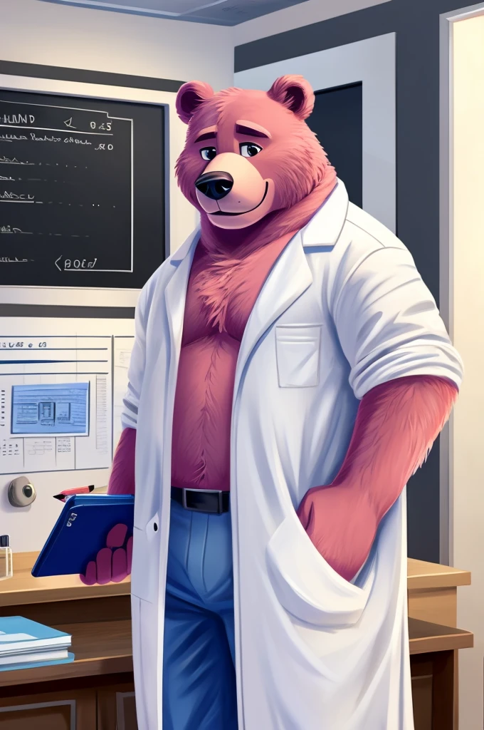 cartoon of a pink bear in a white lab coat, with smartphone in his left pocket, holding a notebook in his right hand and a pen in his left, both hands in front of his body. On the back a studio reception with the writing RECEPTION on the wall, illustration style