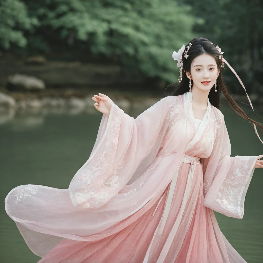 1girl, transparent pink hanfu, light smile, Stunningly Beautiful girl, designer dress, posing for a picture, fashion show, dark red eyes, side-wet long hair, long ringlets, catwalk aesthetic, details, film lighting effect, light-dark contrast, huge round breasts, pearl earrings, full body shot, soft lights on face, dusk, windy, warm tone.