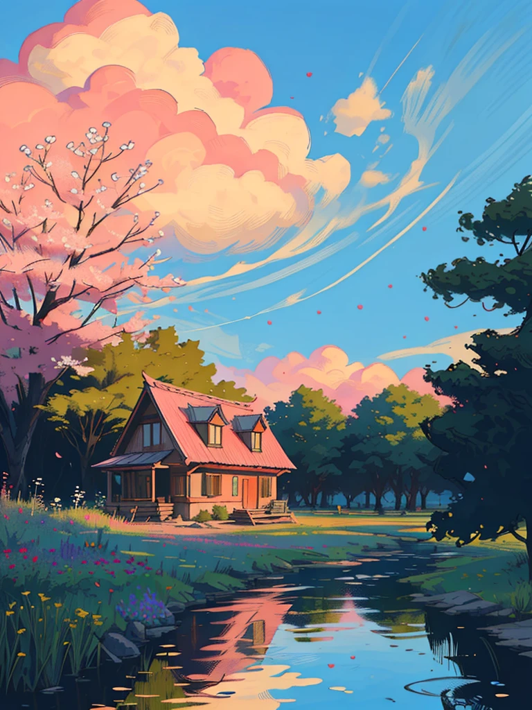 a hut surrounded by trees, pinkish blue sky, cart, shadow, shade, ghibli style, flowers, stone, lake, reflection, no humans, scenery, outdoors, sky, cloud, building, sign, house, window, plant, cloudy sky, bush, sunset