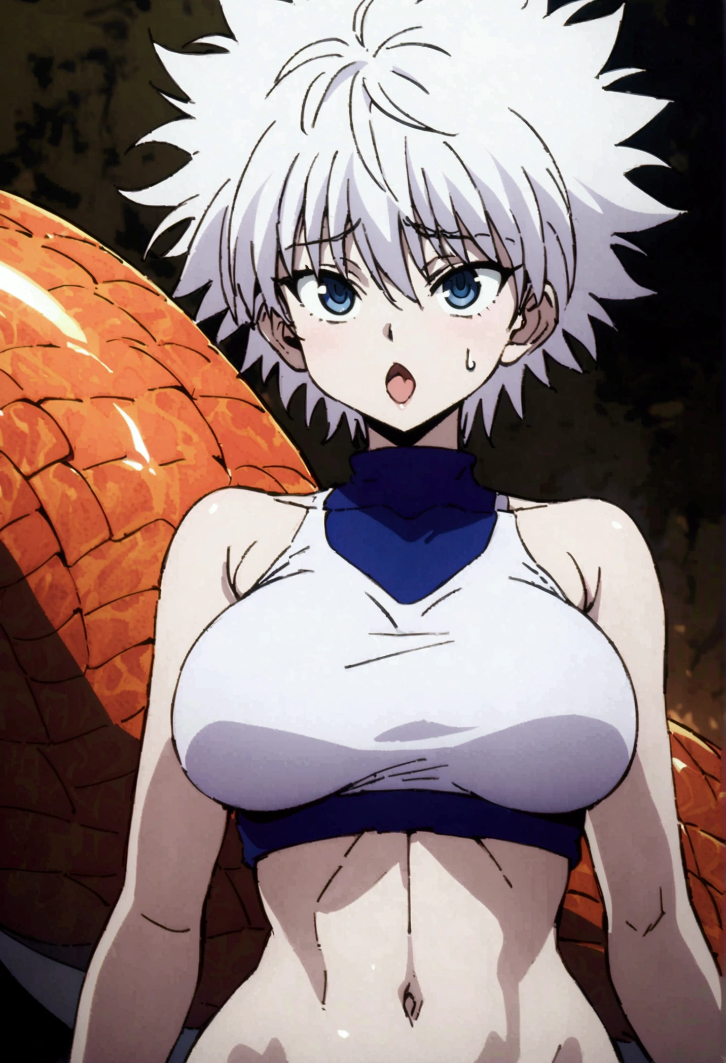 killua zoldyck ahegao,  big breast, crop top, and lamia body