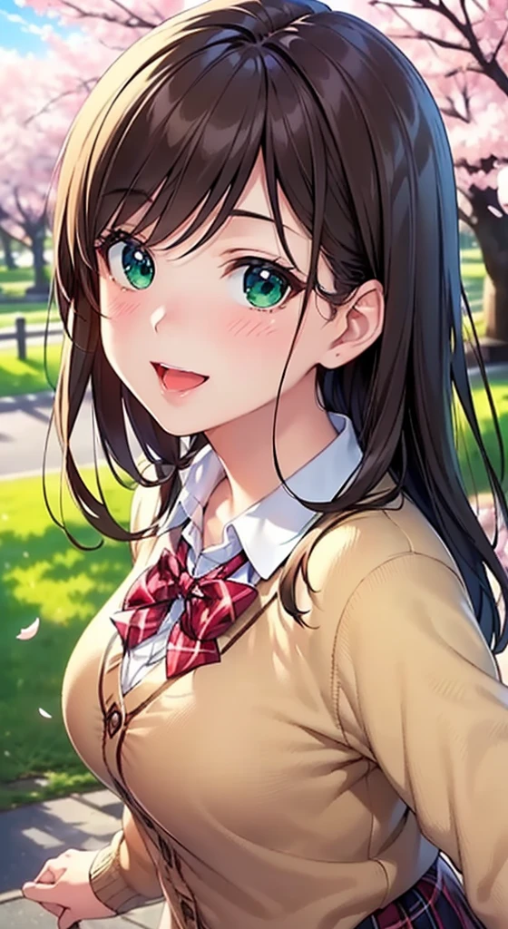 ((Masterpiece, Best quality, A high resolution, hyper HD, Perfect pixels, Depth of field, 4K, RTX, hdr))), 1girll, Single, Solo, Beautiful anime girl, Beautiful Art Style, Anime figure, ((Long hair, bangs, Brown hair, Curly hair:0.8)), ((Green eyes:1.4, Rounded eyes, Beautiful eyelashes, Realistic eyes)), ((Detailed face, Blushing:1.2)), ((Smooth texture:0.75, Realistic texture:0.65, Photorealistic:1.1, Anime CG style)), Medium breasts, Dynamic Angle, Perfect body, ((angle of view, Dynamic pose, Portrait)), ((red bowtie, school uniform, White shirt, Brown cardigan, longer sleeves, Black skirt, Plaid skirts)), Smile, Open mouth, An amusement park, ((the cherry trees, Cherry blossoms fall)), Natural light, Bright sky, Sunshine