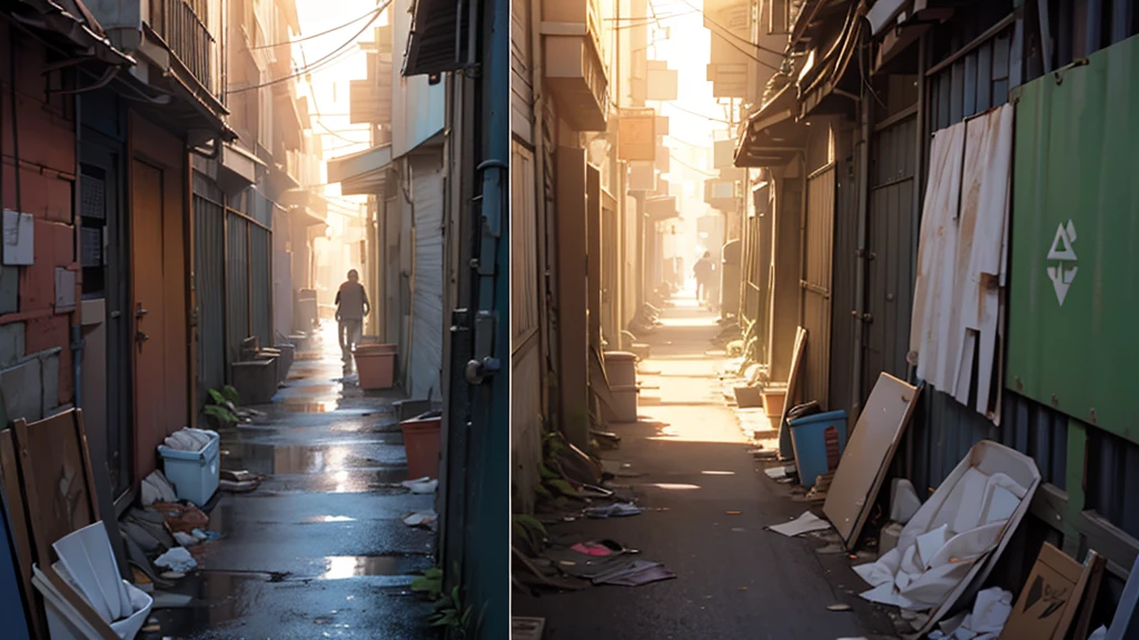 ((best quality)), ((Work of art)),((detailed)), dirty and cramped alley, with trash scattered around