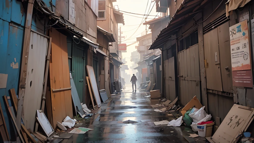 ((best quality)), ((Work of art)),((detailed)), dirty and cramped alley, with trash scattered around