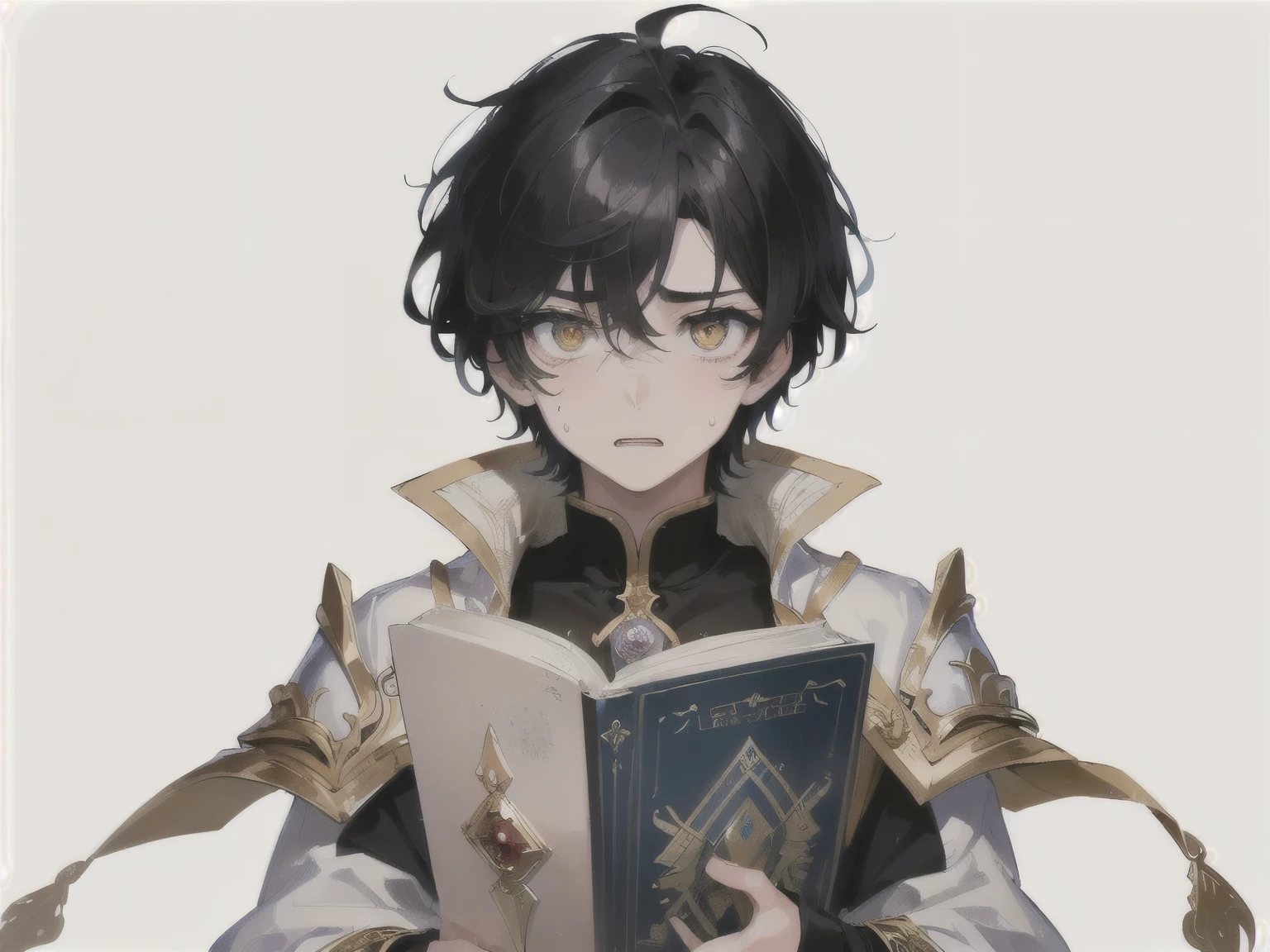 ((Highest quality)), ((masterpiece)), (detailed), ((scared)),((eyes widen)),((15 years old)),young boy,(black hair),(gold eye),((fantasy)),(Human),((upper body shot)),(アニメ),with a big magic book,medium hair,((noble)),cold sweat,((white background))


