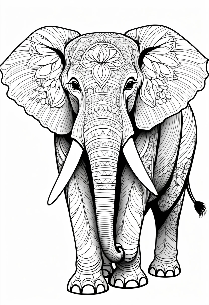 A striking black and white line art coloring page designed for adults with white background, featuring a majestic elephant in a mandala-inspired style. The elephant is adorned with intricate patterns that include floral and geometric designs, making it an engaging and detailed work of art. The illustration focuses on crisp, clean lines and bold outlines, without any shading or color, allowing the user to bring their own vibrancy to the piece. The minimalistic design, with its thick lines and absence of background details, creates a soothing coloring experience for adults seeking calming and creative activities. illustration