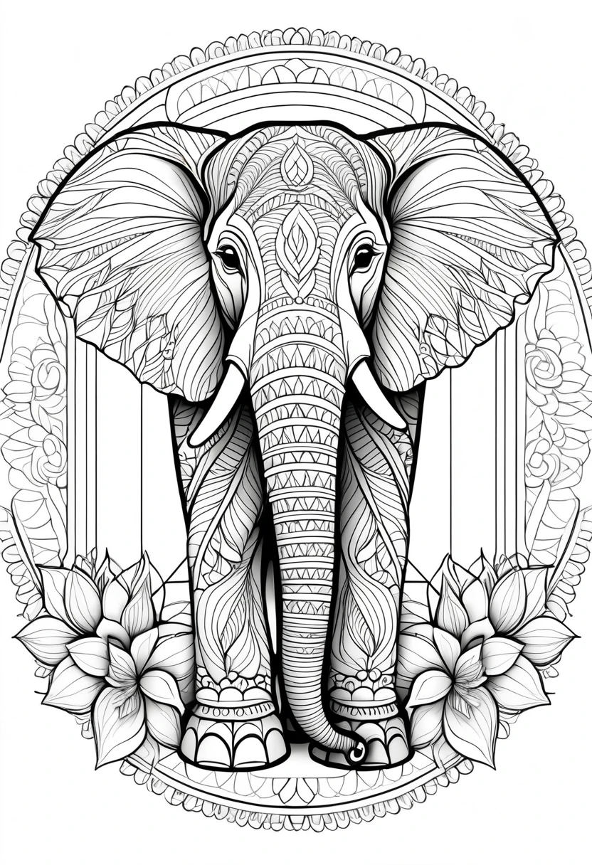 A striking black and white line art coloring page designed for adults with white background, featuring a majestic elephant in a mandala-inspired style. The elephant is adorned with intricate patterns that include floral and geometric designs, making it an engaging and detailed work of art. The illustration focuses on crisp, clean lines and bold outlines, without any shading or color, allowing the user to bring their own vibrancy to the piece. The minimalistic design, with its thick lines and absence of background details, creates a soothing coloring experience for adults seeking calming and creative activities. illustration