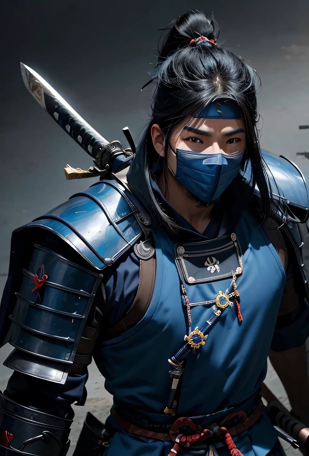 arafed asian man in a blue mask and blue mask holding two swords, samurai warrior, samurai style, japanese samurai, masamune, samurai portrait, epic samurai warrrior, japanese warrior, ancient japanese samurai, as samurai, urban samurai, masamune shiro, samurai, ronin, bio - mechanical ninja samurai