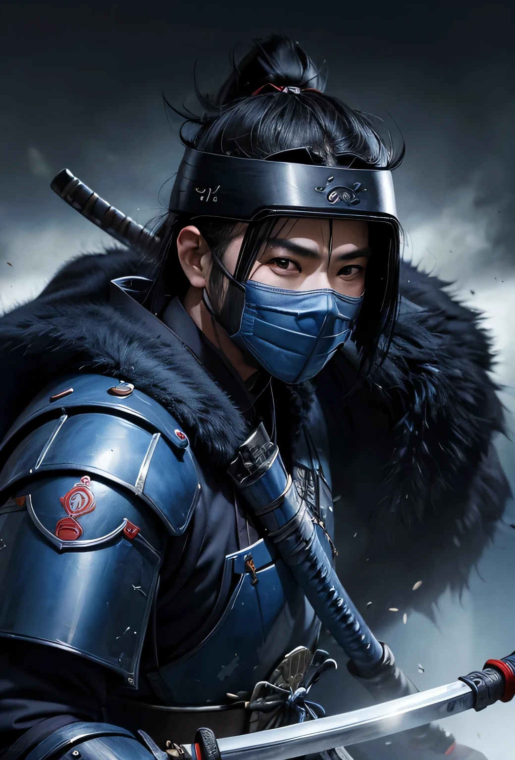 A young male ager with half japanese ghost mask holds blue fire, wears japanese black light armor, in the dark forest, cinematic lighting, depth of field, glowing light, ray tracing, reflection light, close-up, masterpiece, masterpiece, high quality, best quality, high details, ccurate, anatomically correct, textured skin, UHD, highres, 1080P